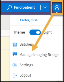 User profile menu with yellow highlight box around the User icon and a yellow arrow pointing downwards to Manage Imaging Bridge.